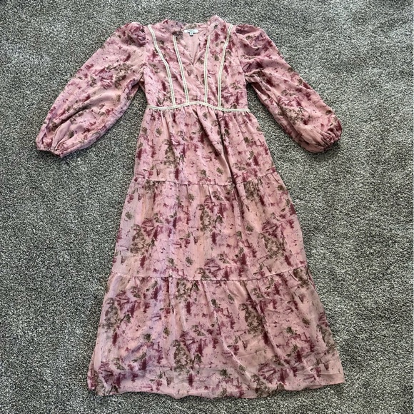 Pink Blush Pink Floral Lace Trim Maternity Long Sleeve Maxi Dress 🩷🌸 - Picture 8 of 9